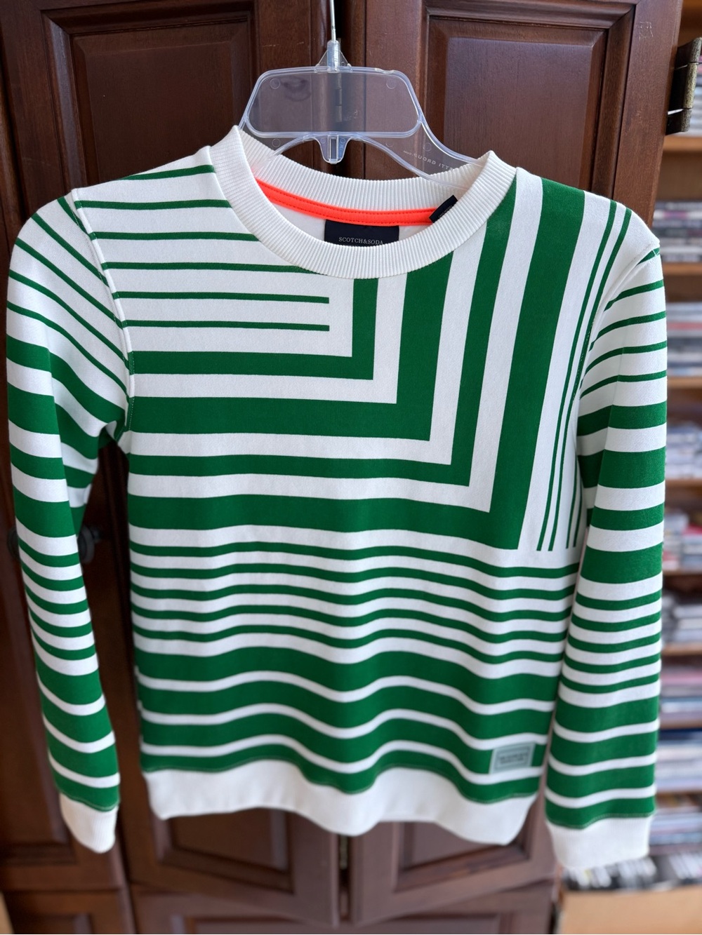Scotch & Soda Green and White Geometric Stripe Crewneck Sweater